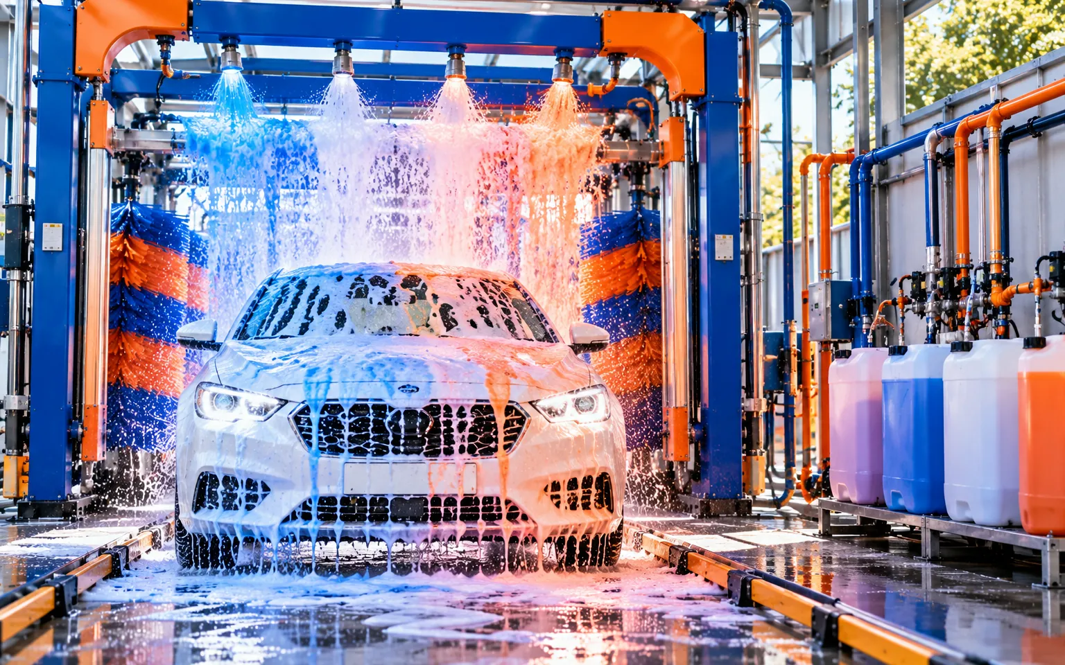 Pre-soak, foam, shampoo and rinse-aid chemicals with foam on a car