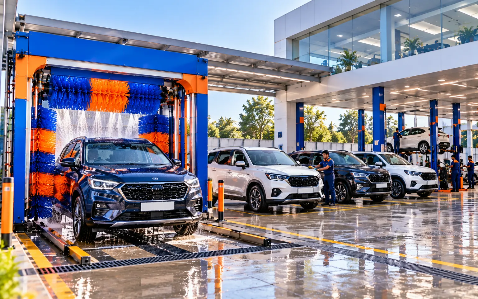 Vehicle dealership and service centre with washed cars