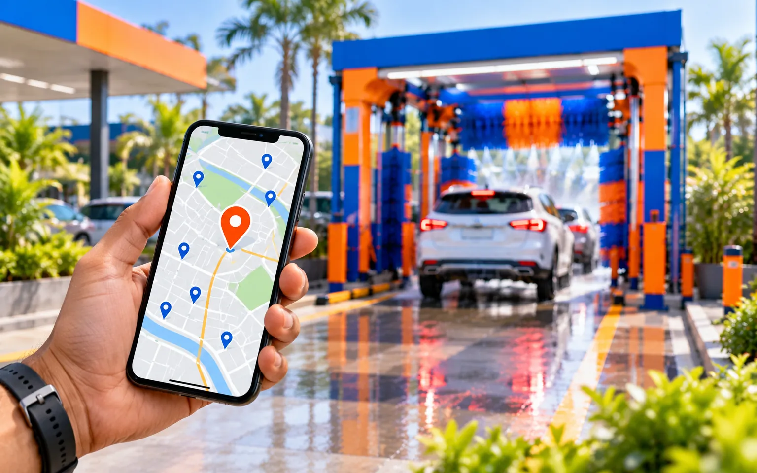 Phone map showing a nearby car wash