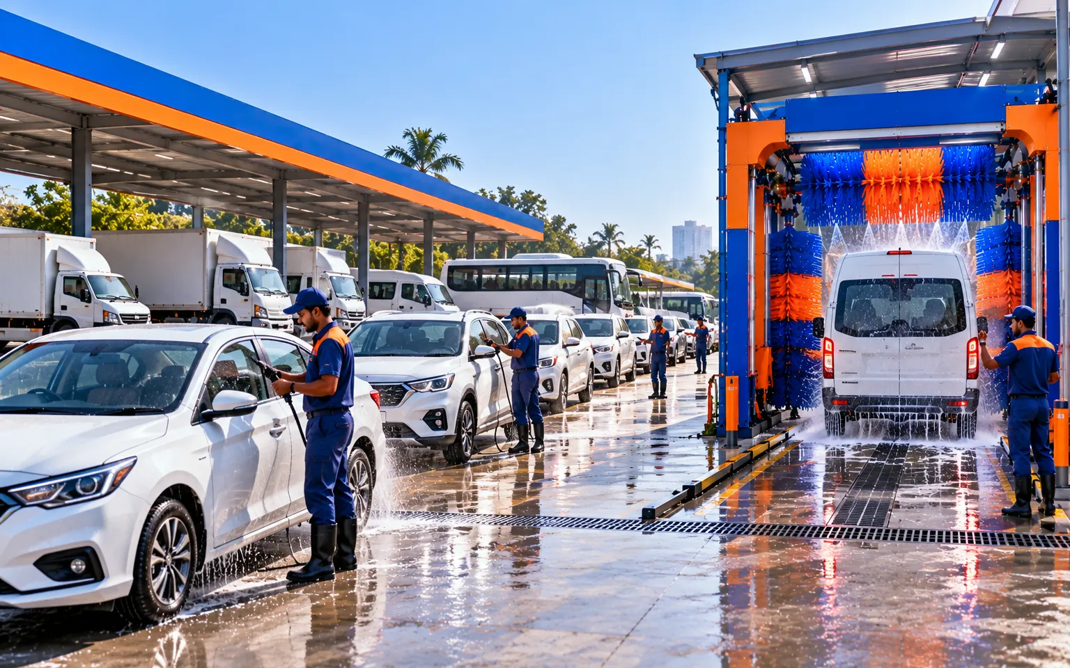 Fleet vehicles lined up for scheduled washing