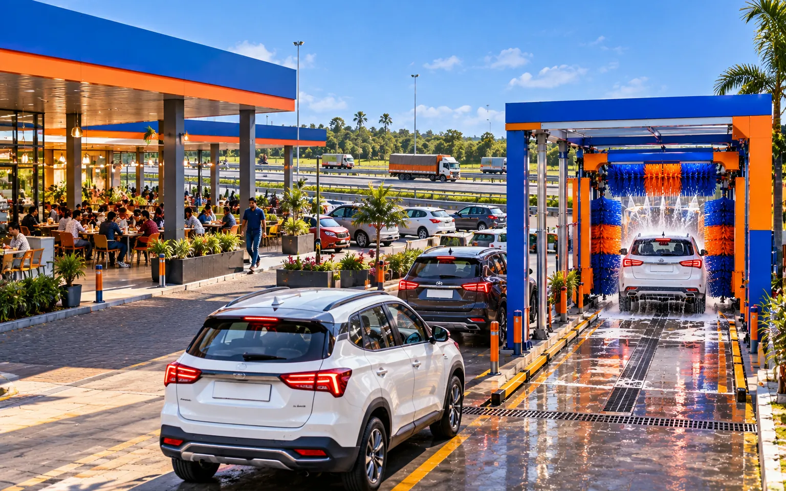 Highway service area with a car wash stop