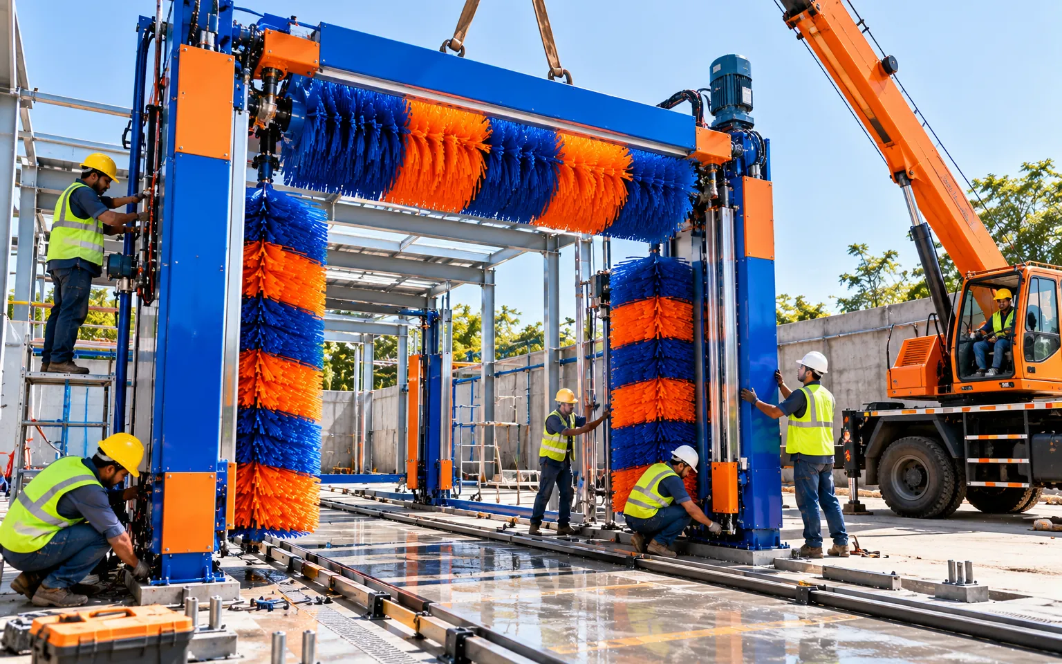 Engineers installing and commissioning a car wash gantry