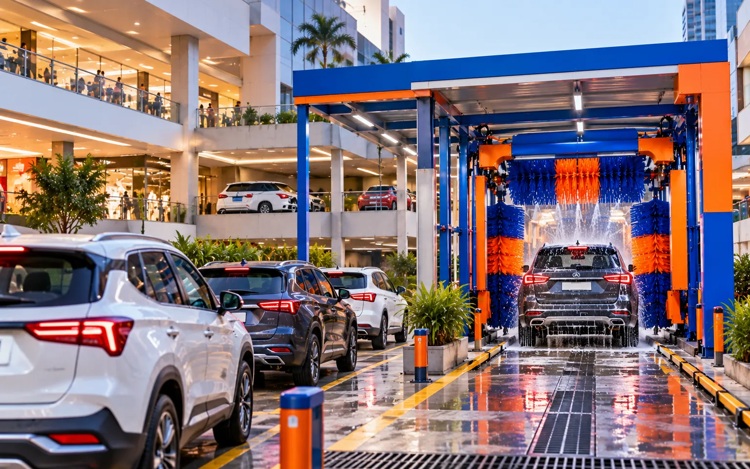 Shopping mall parking with an automatic car wash