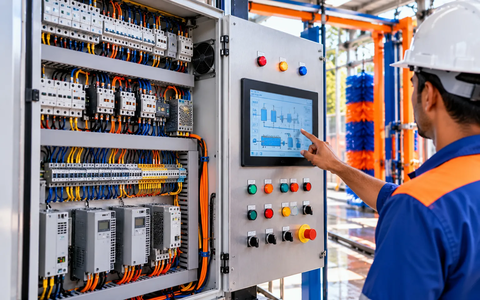 Car wash electrical control panel with sensors and motor wiring