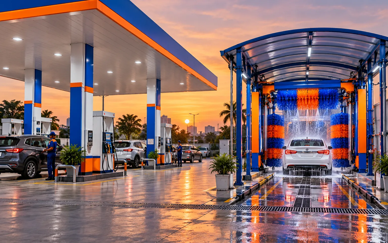 Petrol pump forecourt with an automatic car wash bay