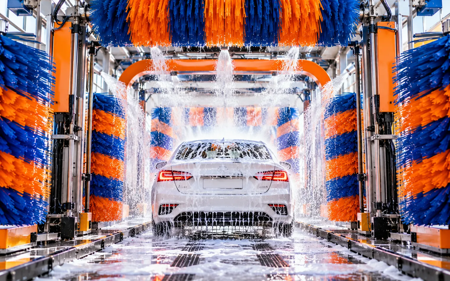 Car passing through an automatic tunnel car wash with brushes and water spray
